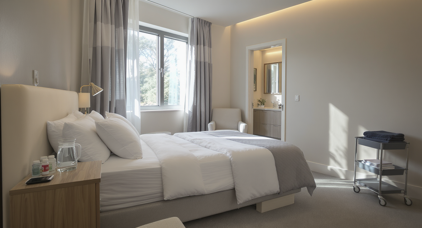 Sunlit guest room arranged for recovery, featuring ergonomic bedding, soothing lighting, bedside essentials, and safe, accessible layout.