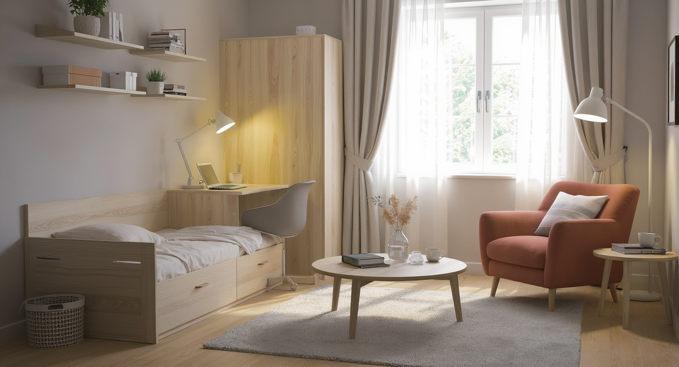 A modern guest room showcases a daybed with storage, wall-mounted desk, closet with wardrobe, and a cozy reading nook—all maximizing space.