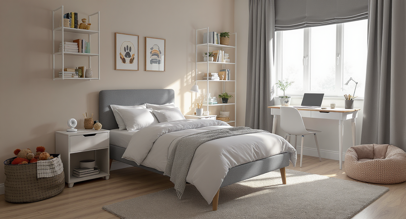 Photorealistic modern guest bedroom with a bed, pet bed, toy storage, study desk, and flexible furnishings arranged for family versatility.