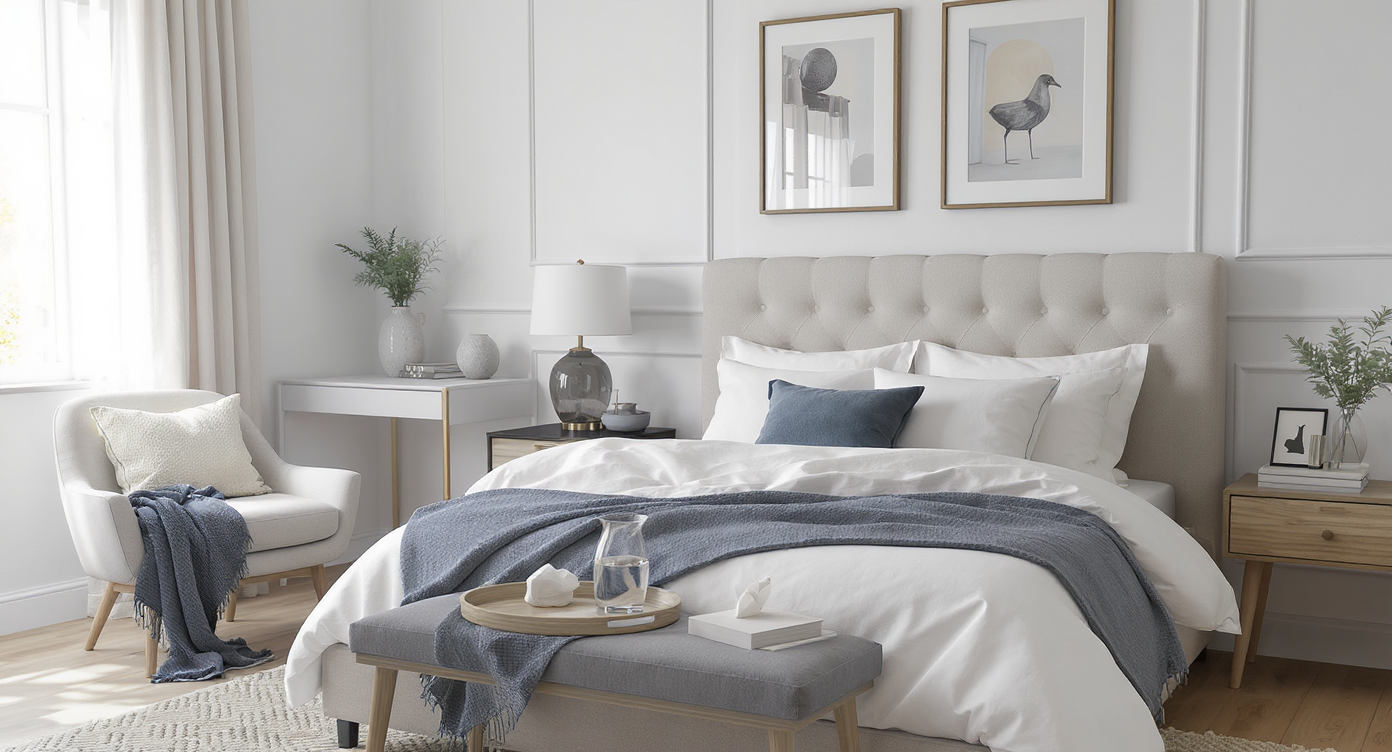 Modern guest bedroom with a cozy made bed, extra chair, open closet, bedside tray, and small desk in natural light, ready for versatile guest use.