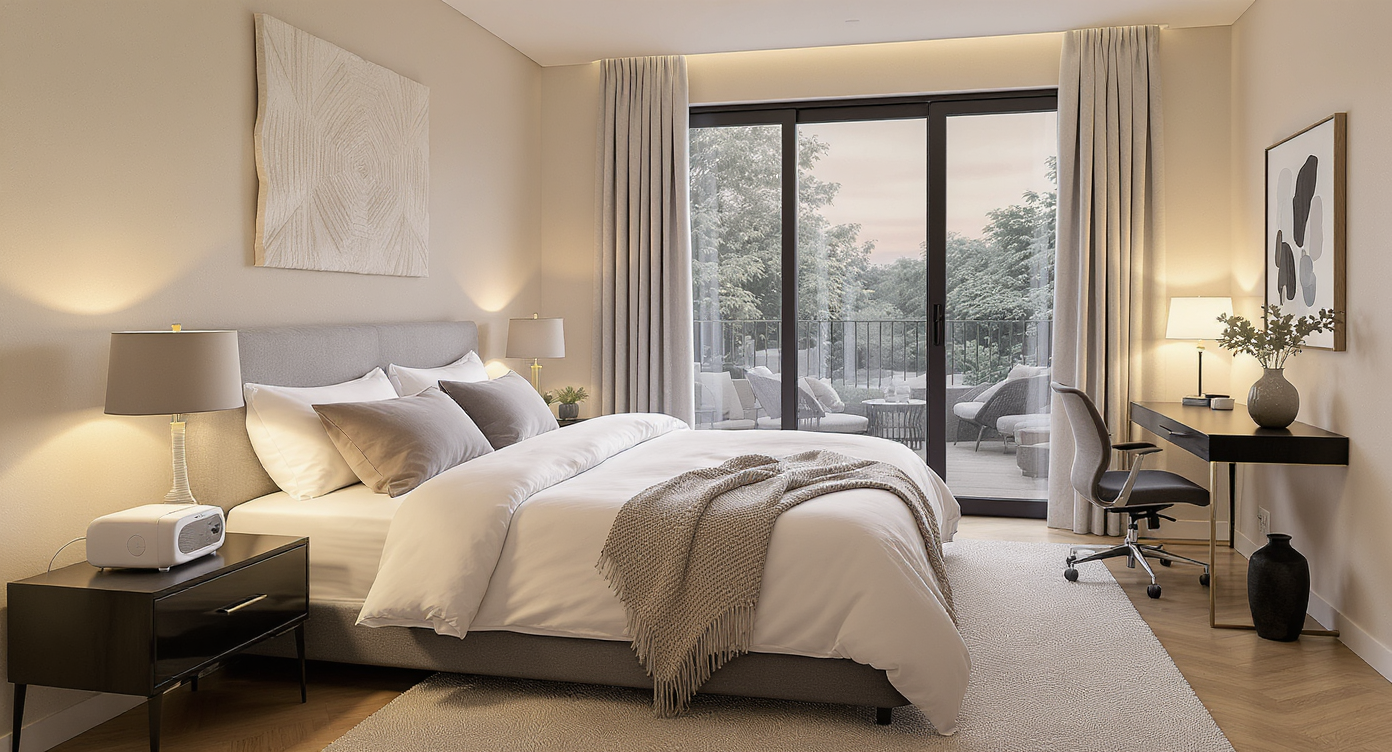 A photorealistic guest bedroom with a cozy bed, CPAP machine, white noise device, and a small desk, creating a serene sleep retreat.