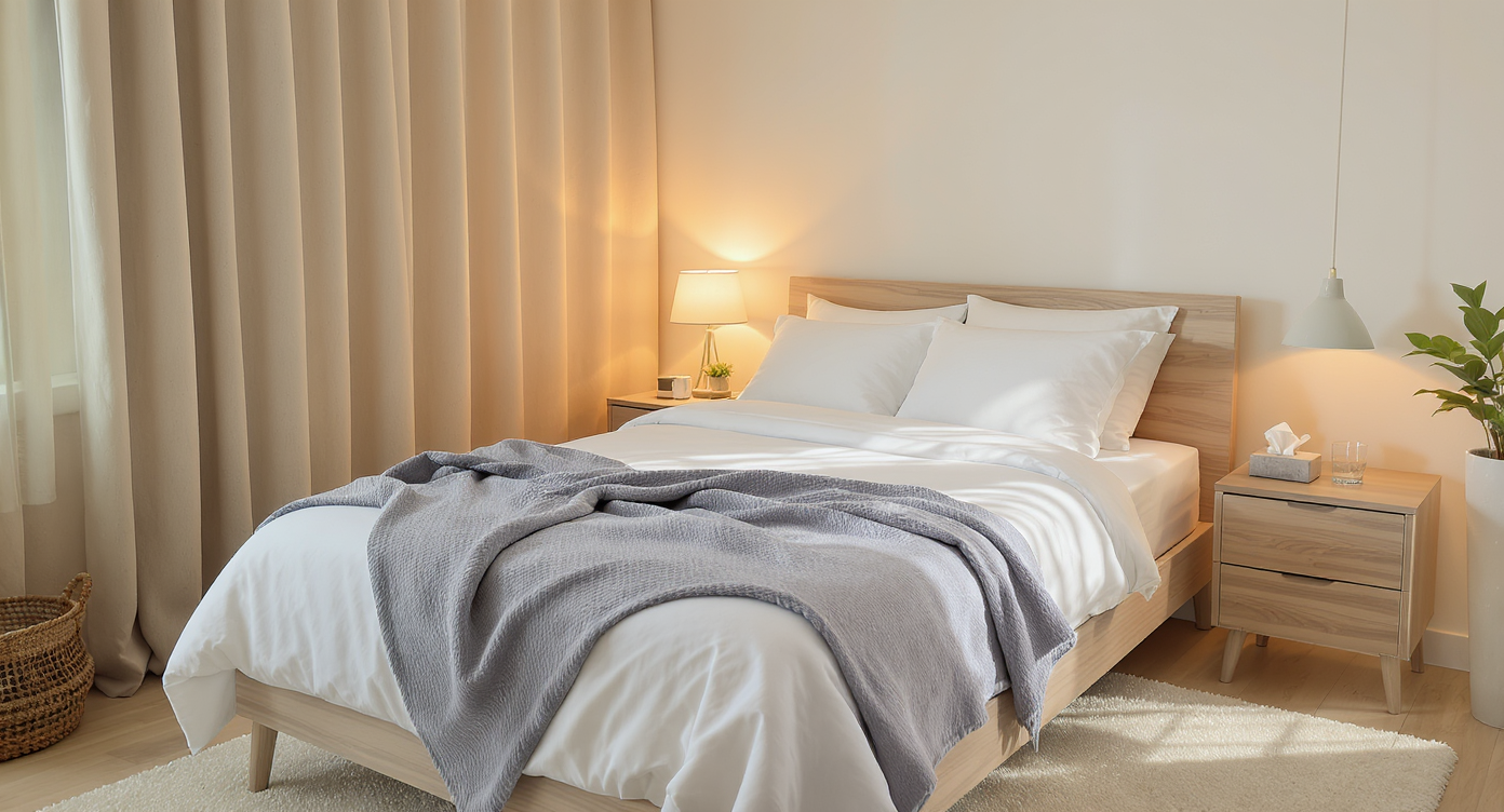 A pristine guest bedroom with a made-up bed, fresh linens, water, tissues, and adjustable lighting—ready for someone to recover in restful comfort.
