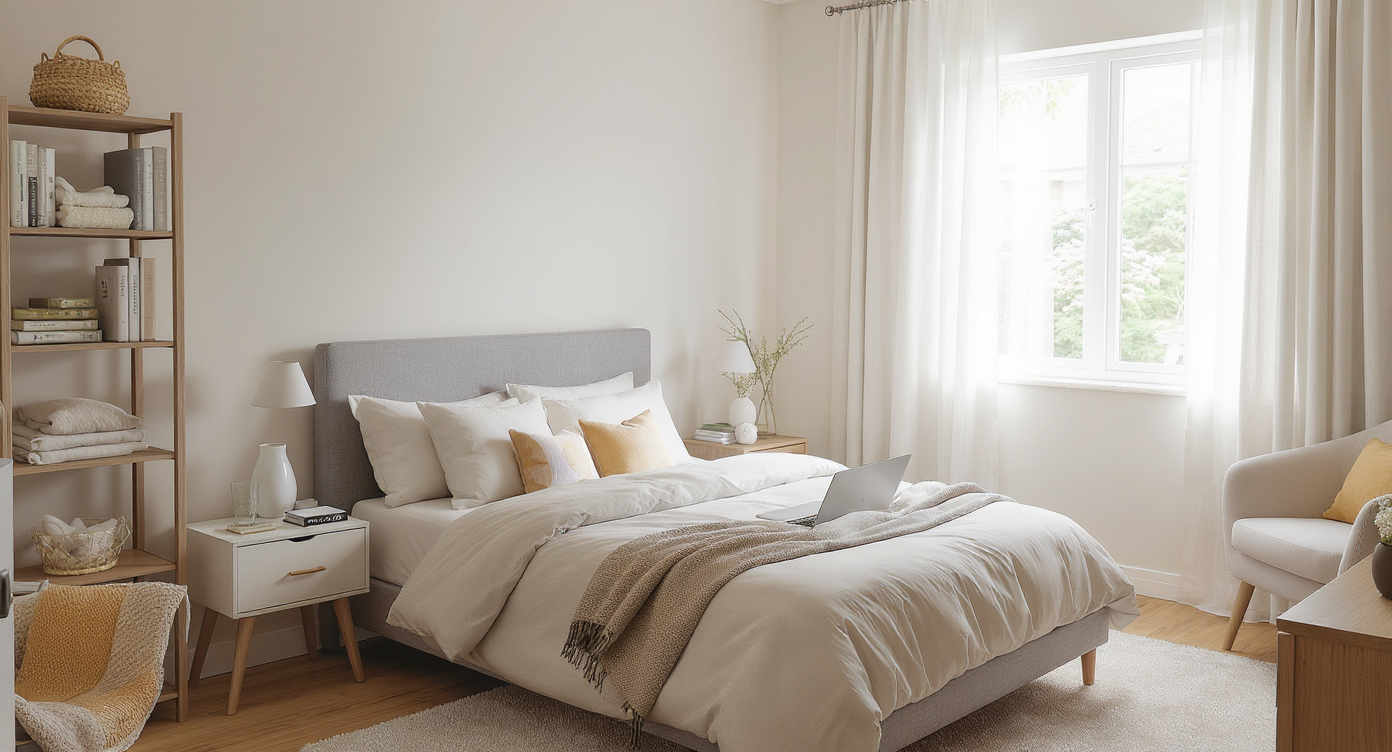 Sunlit, tidy guest bedroom with a neatly made bed, desk, armchair, and shelving for bedding, illustrating a versatile multipurpose space.