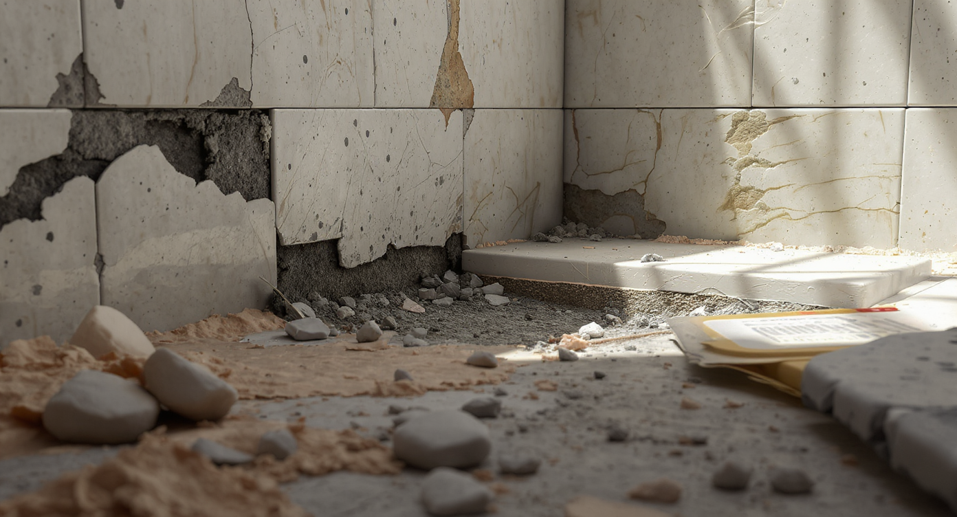 Partially demolished bathroom reveals tile layers, cracked seams, mold, and waterproofing materials, illustrating hidden renovation challenges.