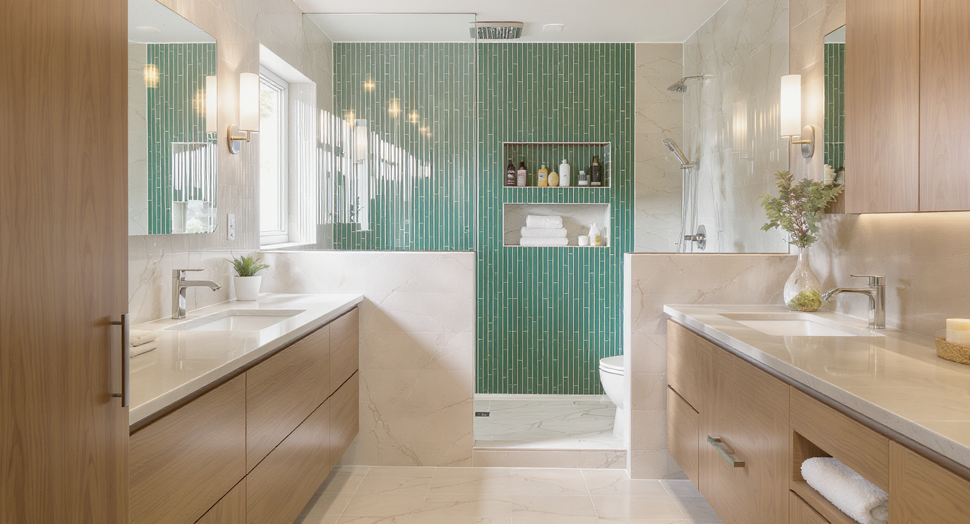 Photorealistic modern bathroom with a half-wall and reeded glass for the shower, green vertical tiles, extended shower tray, and warm wood cabinetry.