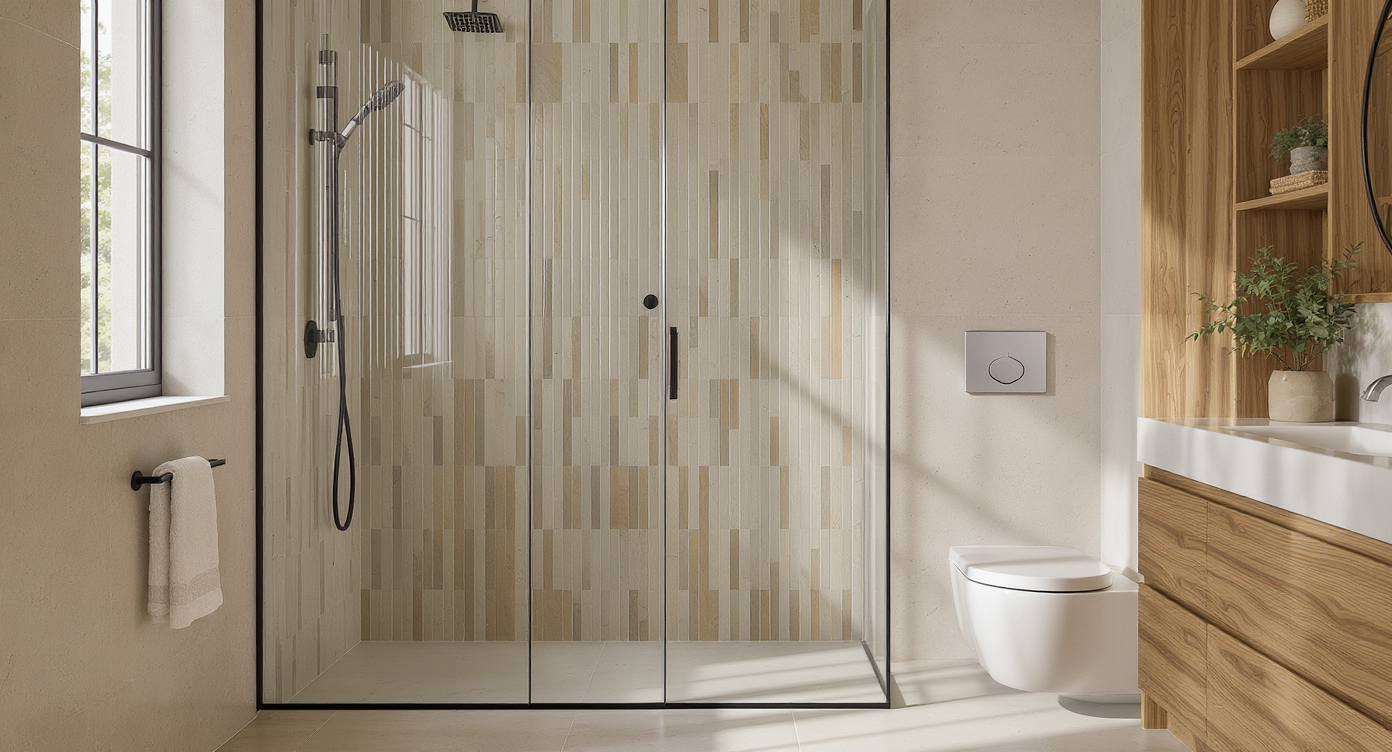 Modern bathroom with vertical green Marazzi ‘Luz Oliva’ tiles, reeded glass partition, warm accents, and natural light highlighting design elements.