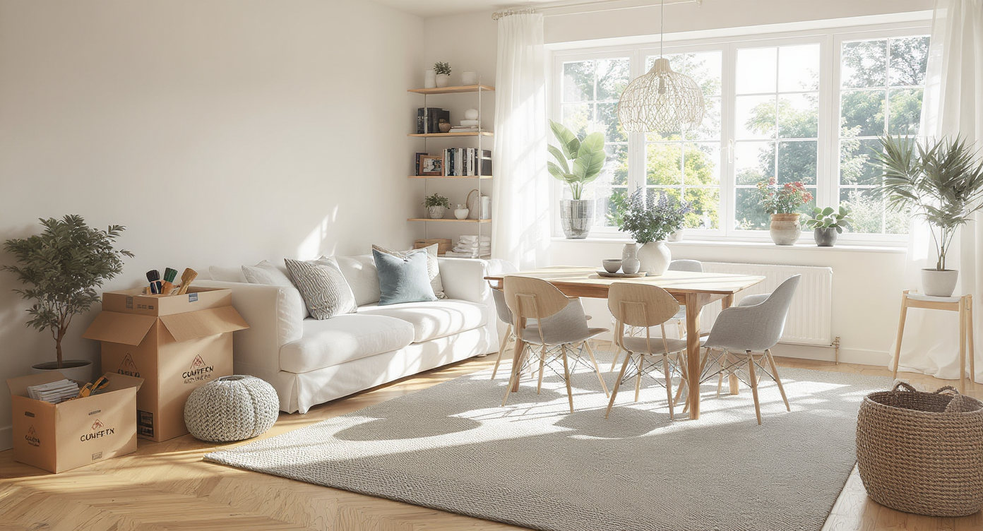 A sunlit, open-plan living and dining space mid-makeover, featuring tools, samples, timeless furnishings, and natural materials in use.