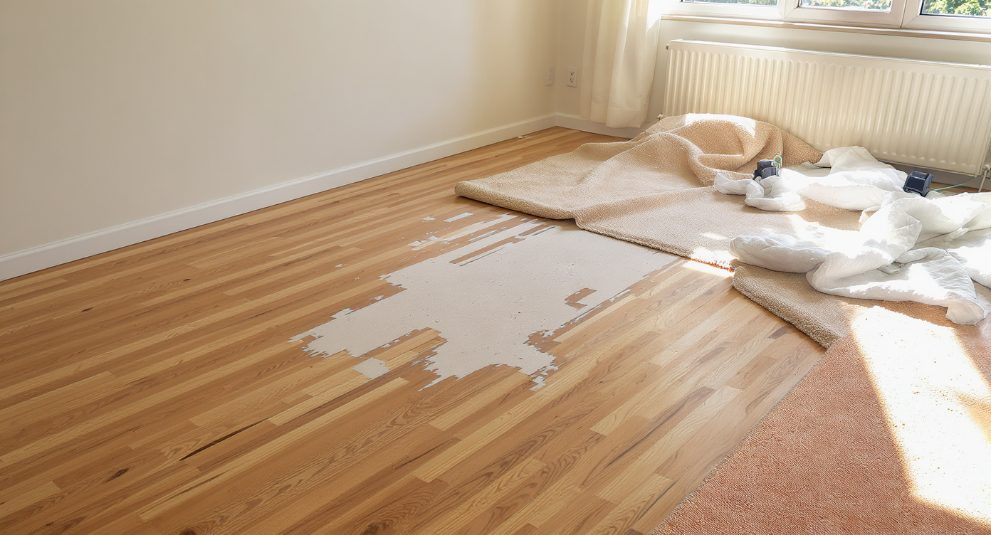 A sunlit living room shows worn carpet pulled back, unveiling partially refinished hardwood flooring beside sanding equipment, highlighting dramatic transformation.