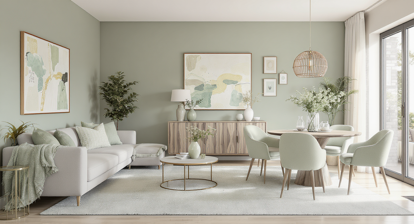 Open-plan living and dining room unified by sage-green and neutral tones in walls, rugs, and decor, creating a harmonious, cohesive look.