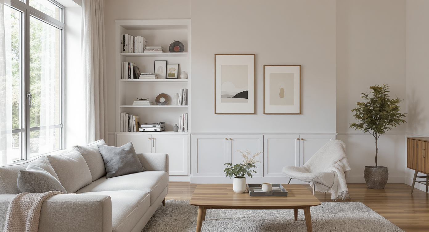 A serene, clutter-free living room with curated open shelving, minimal art, and thoughtfully arranged furniture for a warm, organized look.
