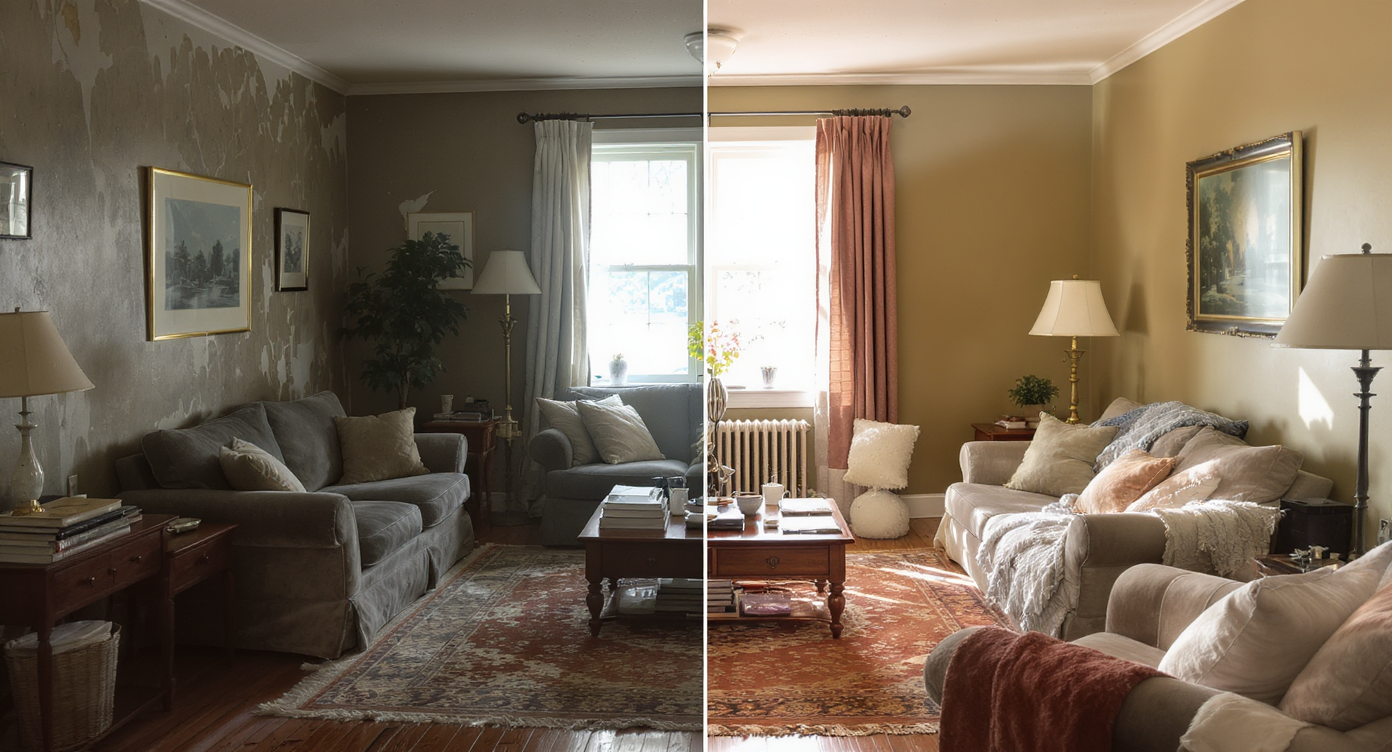 Split-view photo of a living room before and after renovation, showing changes in paint, flooring, and furnishings from the same angle.