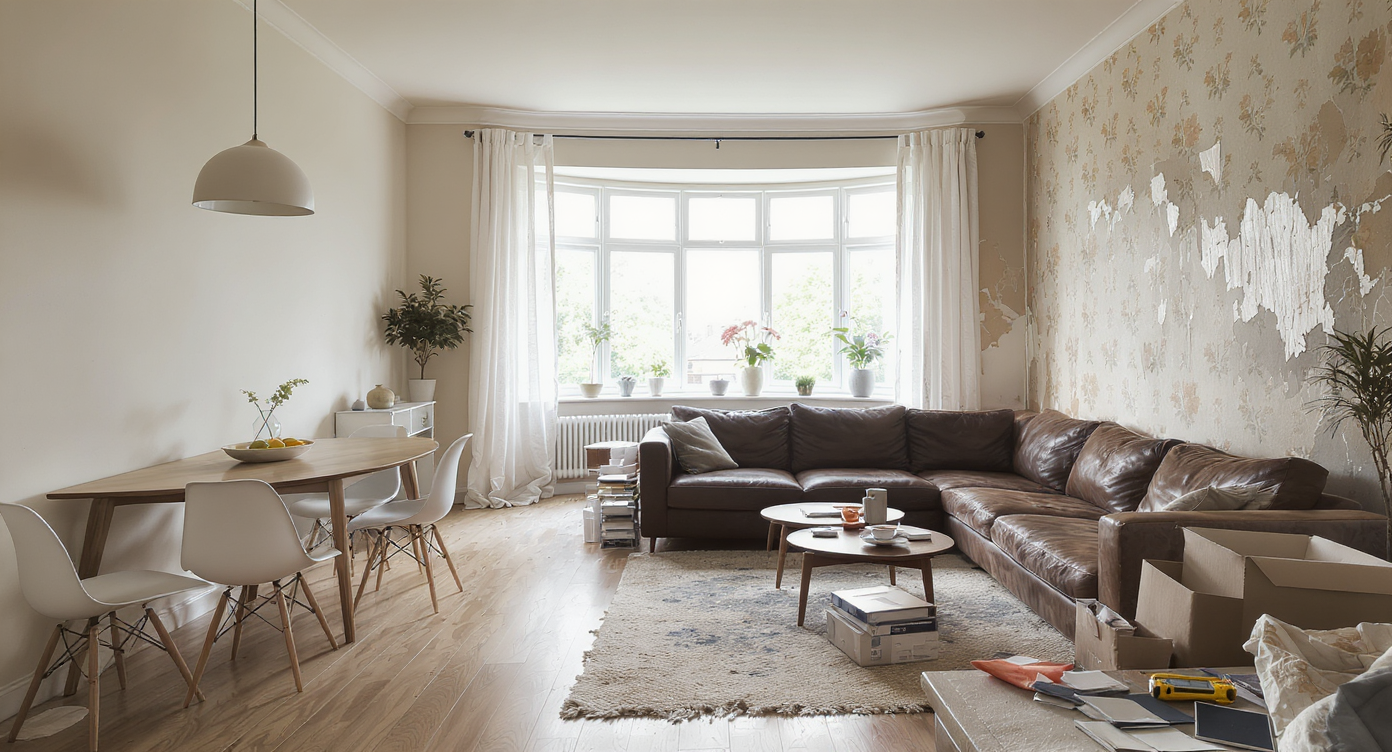 Open-concept living and dining area showing in-progress home renovations, blending updated neutral décor with older furnishings, swatches, and tools.