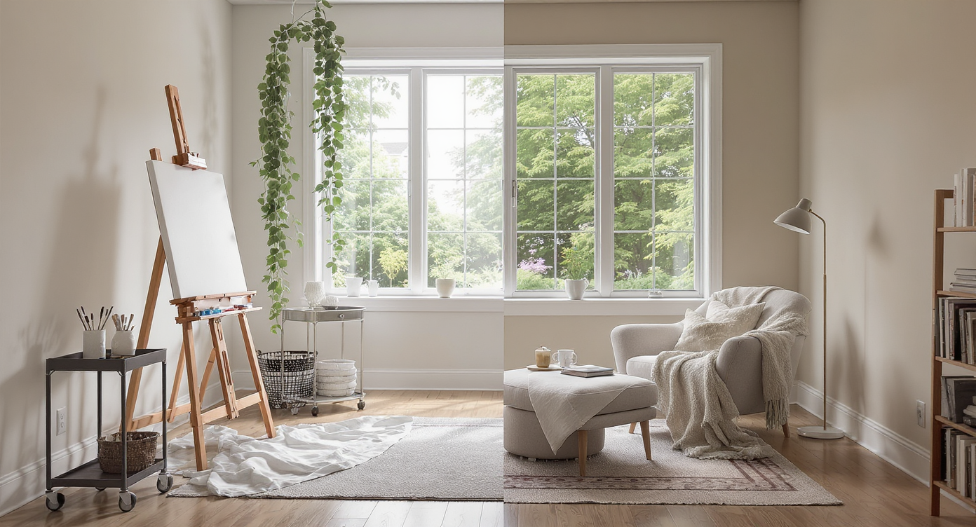 Photorealistic sunroom with an art studio setup on one side and a cozy reading nook on the other, unified by natural light and inviting décor.