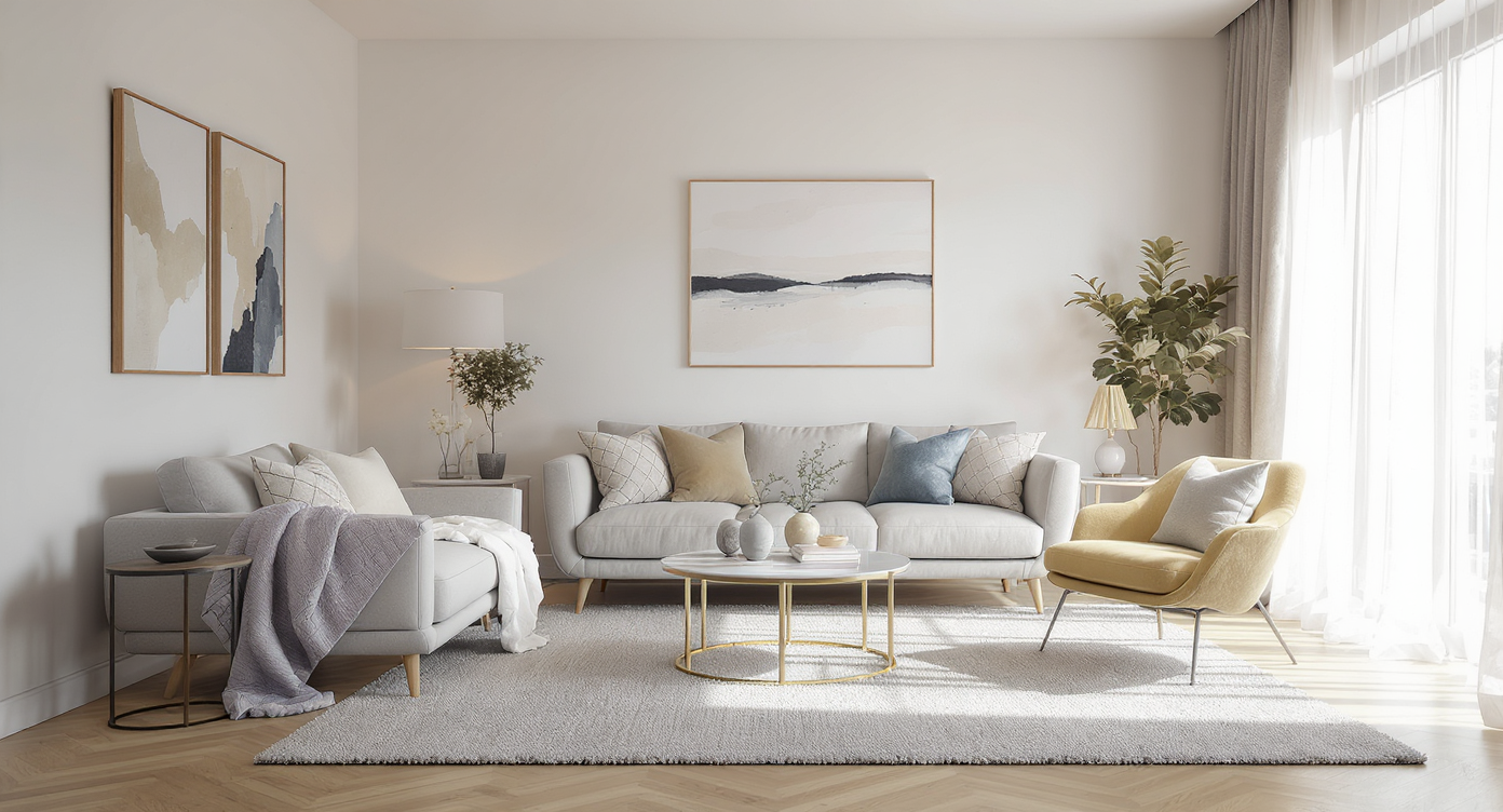 A modern living room, split to show half in original state and half with subtle virtual staging, with image licensing documents on a table.