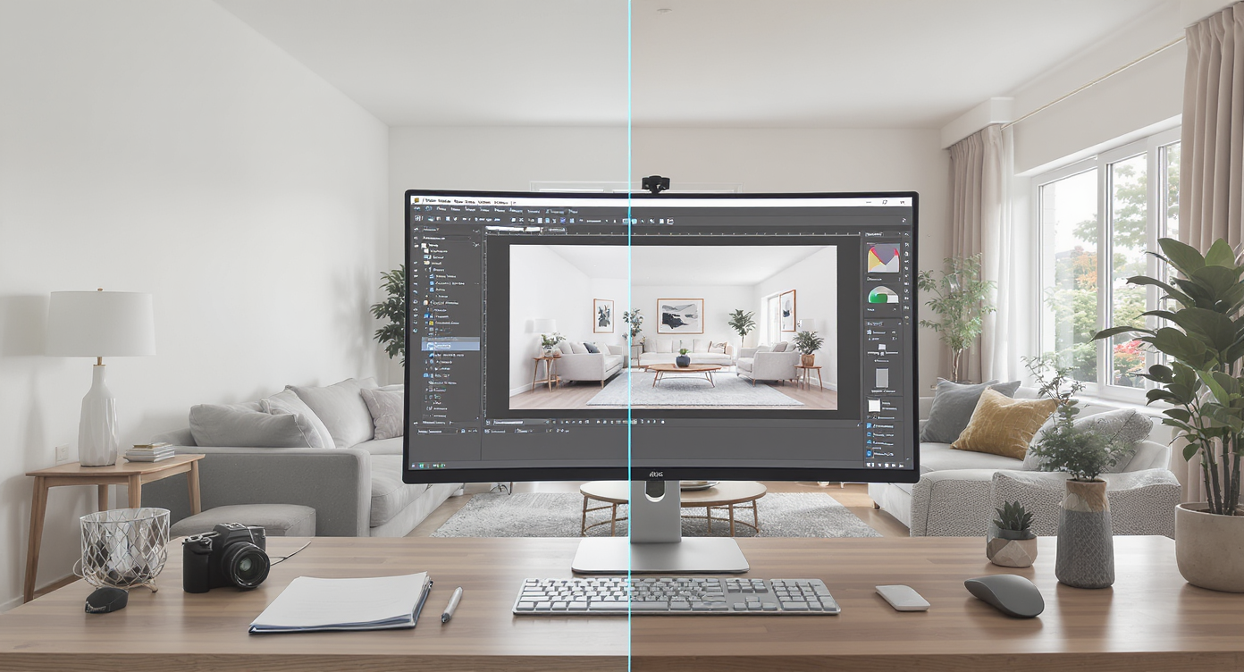 Living room split between original and virtually staged decor, with a computer workstation displaying editing software for real estate images.