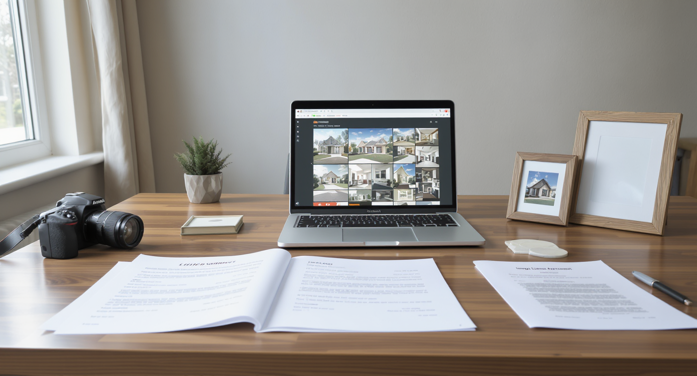 A home office desk with a real estate listing contract, DSLR camera, printed house photo, laptop with photo gallery, and license agreement.