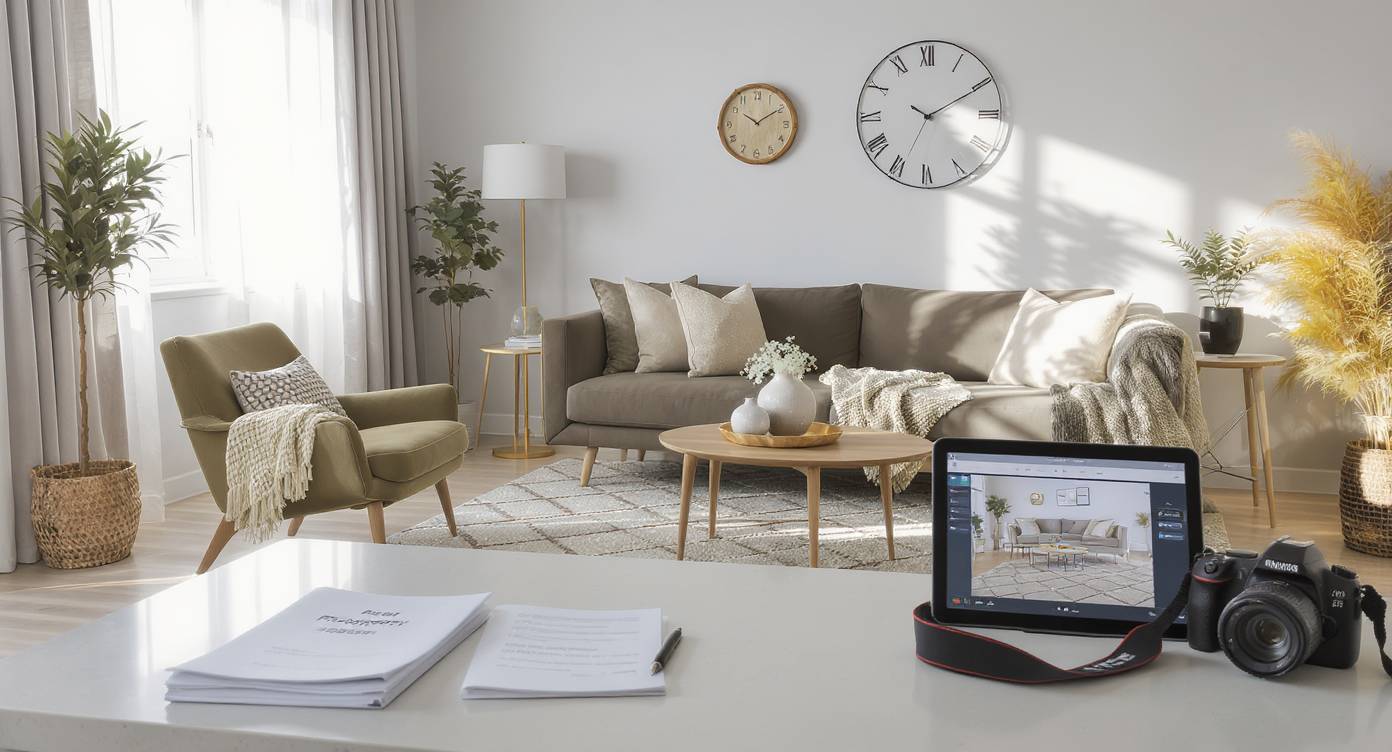 Sunlit living room staged for real estate photos with accent chair, rug, signed image agreement, DSLR camera, and tablet showing staged versions.