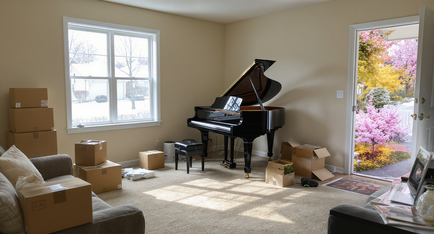 A suburban living room shows clashing virtual staging: a digital grand piano sits by moving boxes, with snow visible outside despite spring decor.