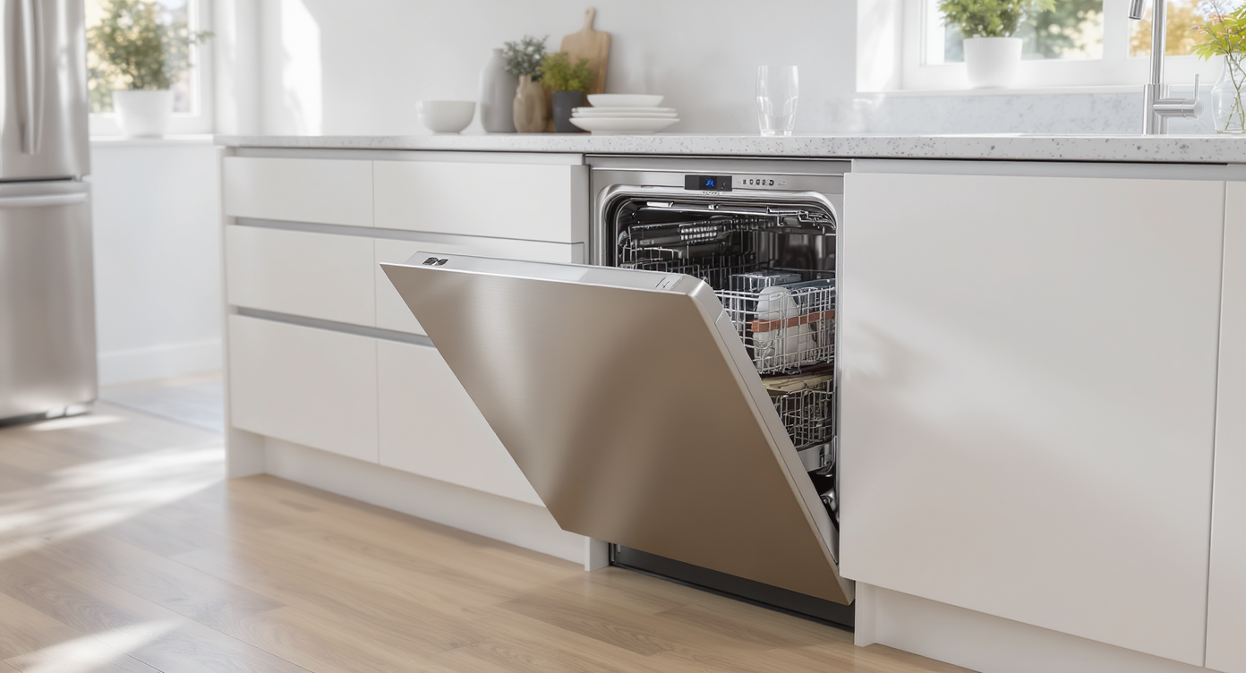 Ultra-realistic modern kitchen with a partially open dishwasher featuring hidden controls, seamless cabinetry, and natural daylight.