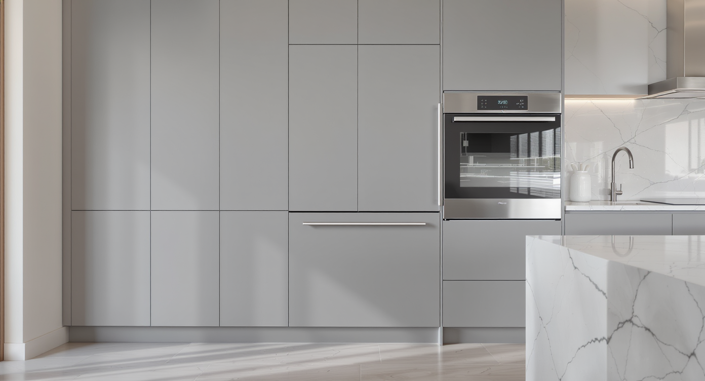 A seamless modern kitchen with slab-front cabinets and a fully integrated hidden-control dishwasher, creating an uncluttered, minimalist look.