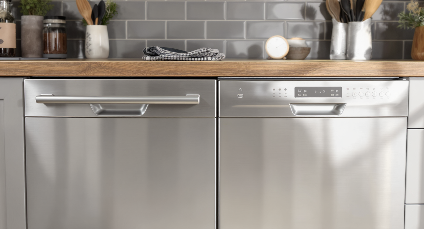 Side-by-side comparison of dishwashers: one with hidden top controls blending with cabinetry, one with visible tactile front controls, in a sunlit kitchen.