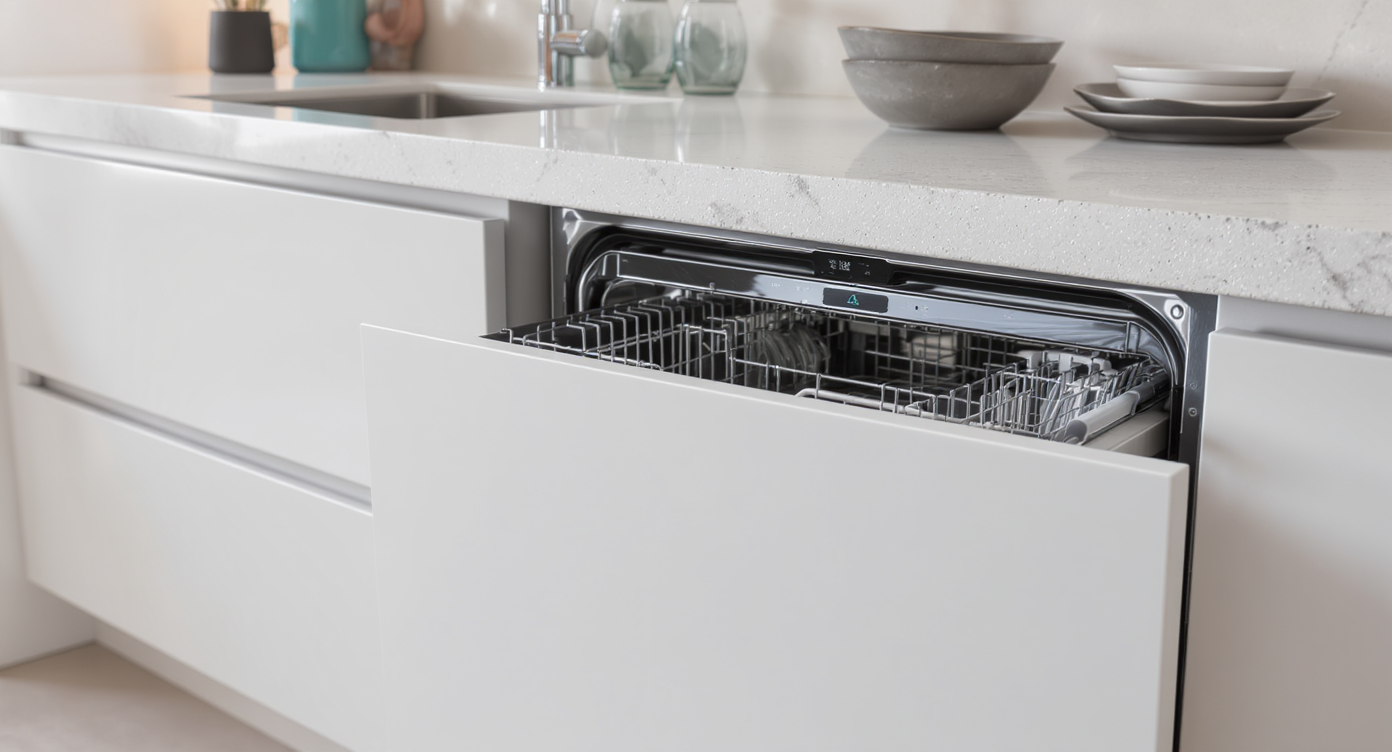Photorealistic modern kitchen with an open dishwasher showing concealed controls beneath a seamless cabinet, surrounded by uncluttered counters.