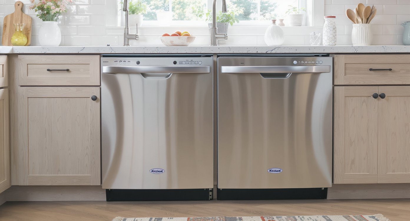 Two modern dishwashers side by side in a bright kitchen—one with concealed top controls and only floor lighting, one with visible front buttons.