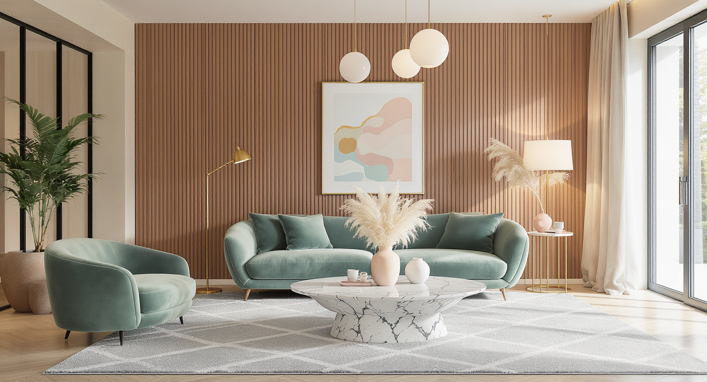 A modern living room with a sage green velvet sofa, terrazzo coffee table, pampas grass in a pastel vase, and fluted wood paneling, all elements representing current interior design trends that may soon appear dated.