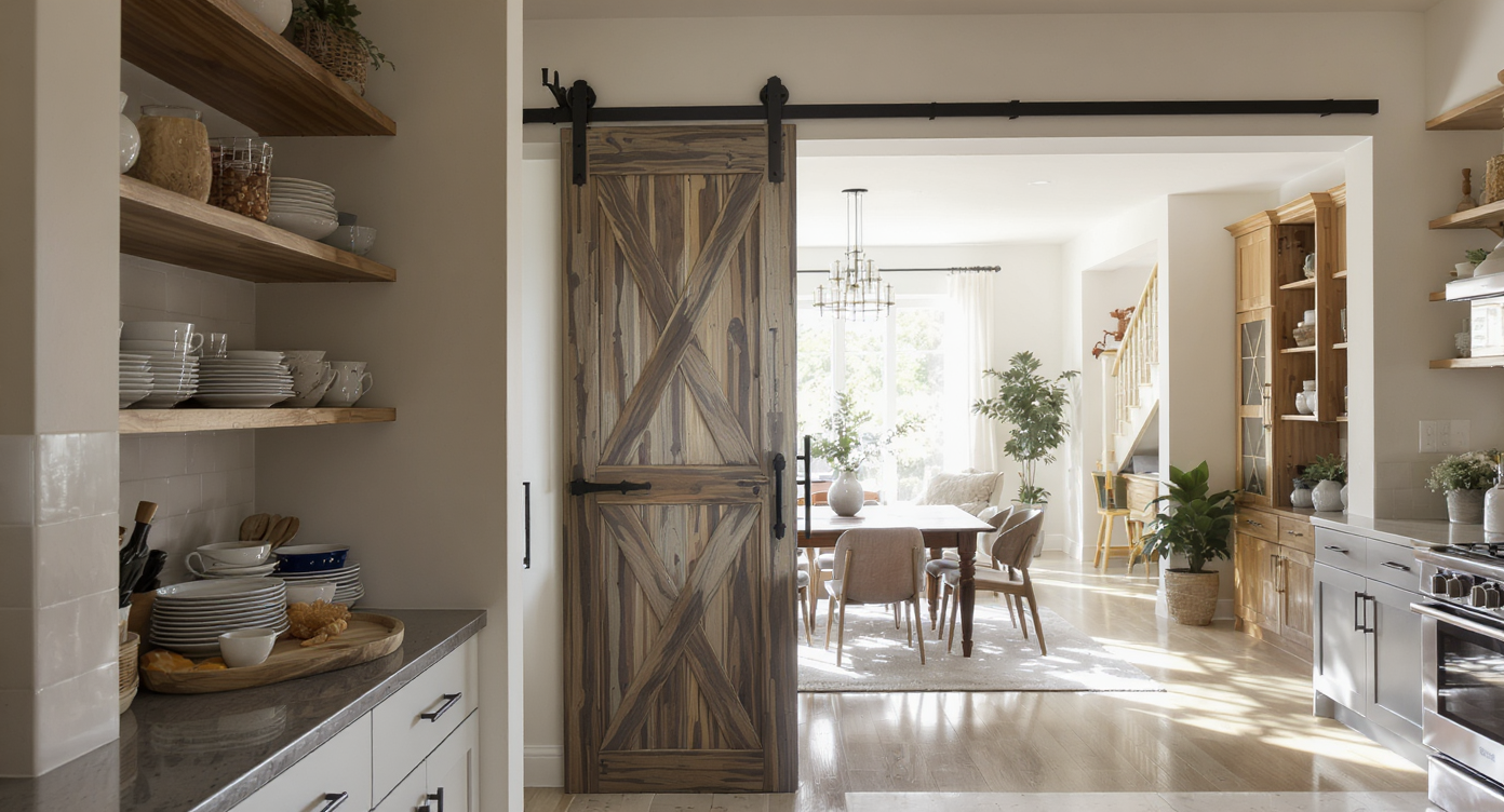 Editorial photo of a kitchen with open shelves holding dusty dishes, glass-front cabinets, a barn door, and an open-plan living area beyond.