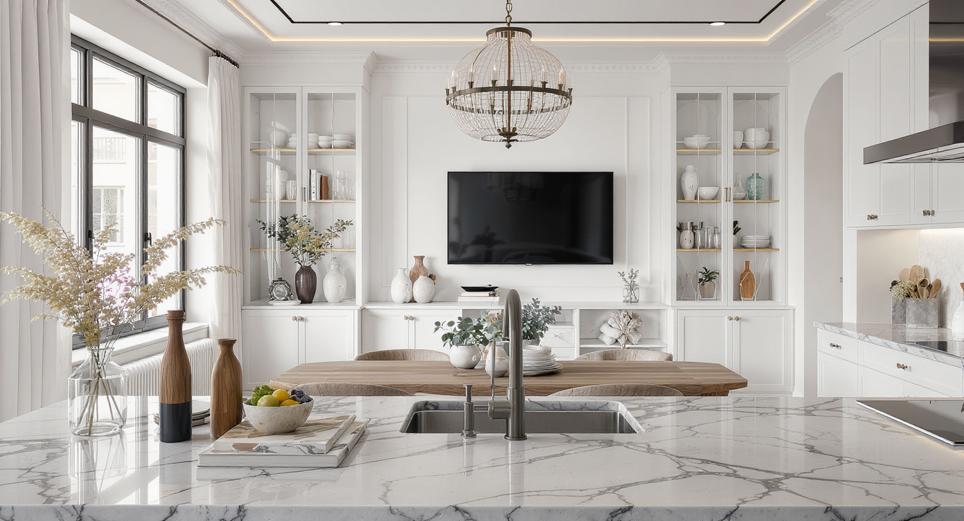 Multipurpose kitchen and reading nook with timeless stone countertops, subtle matte black hardware, closed storage, and a small boucle ottoman.