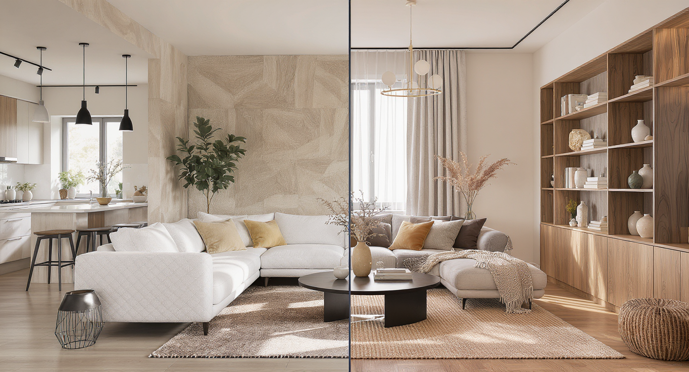 A modern living room split between 2024 trends—open plan, beige tones, bouclé sofa—and 2026 updates—layered textures, wood accents, personal decor.