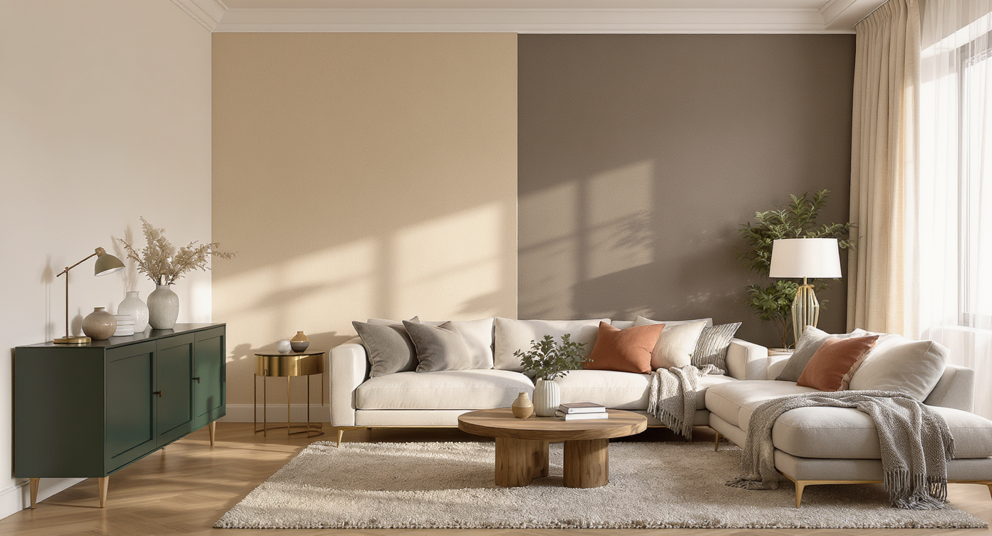 Warm, inviting living room showcasing layered whites, muted green cabinetry, mid-tone woods, and patinated brass accents for a sophisticated look.