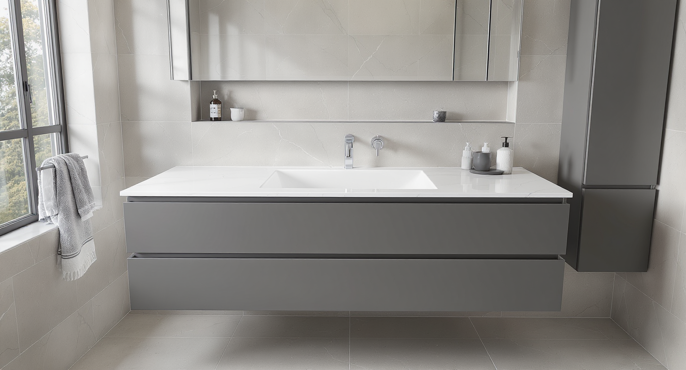 Photorealistic modern bathroom with floating vanity, glass walk-in shower, seamless surfaces, and low-maintenance finishes in natural light.