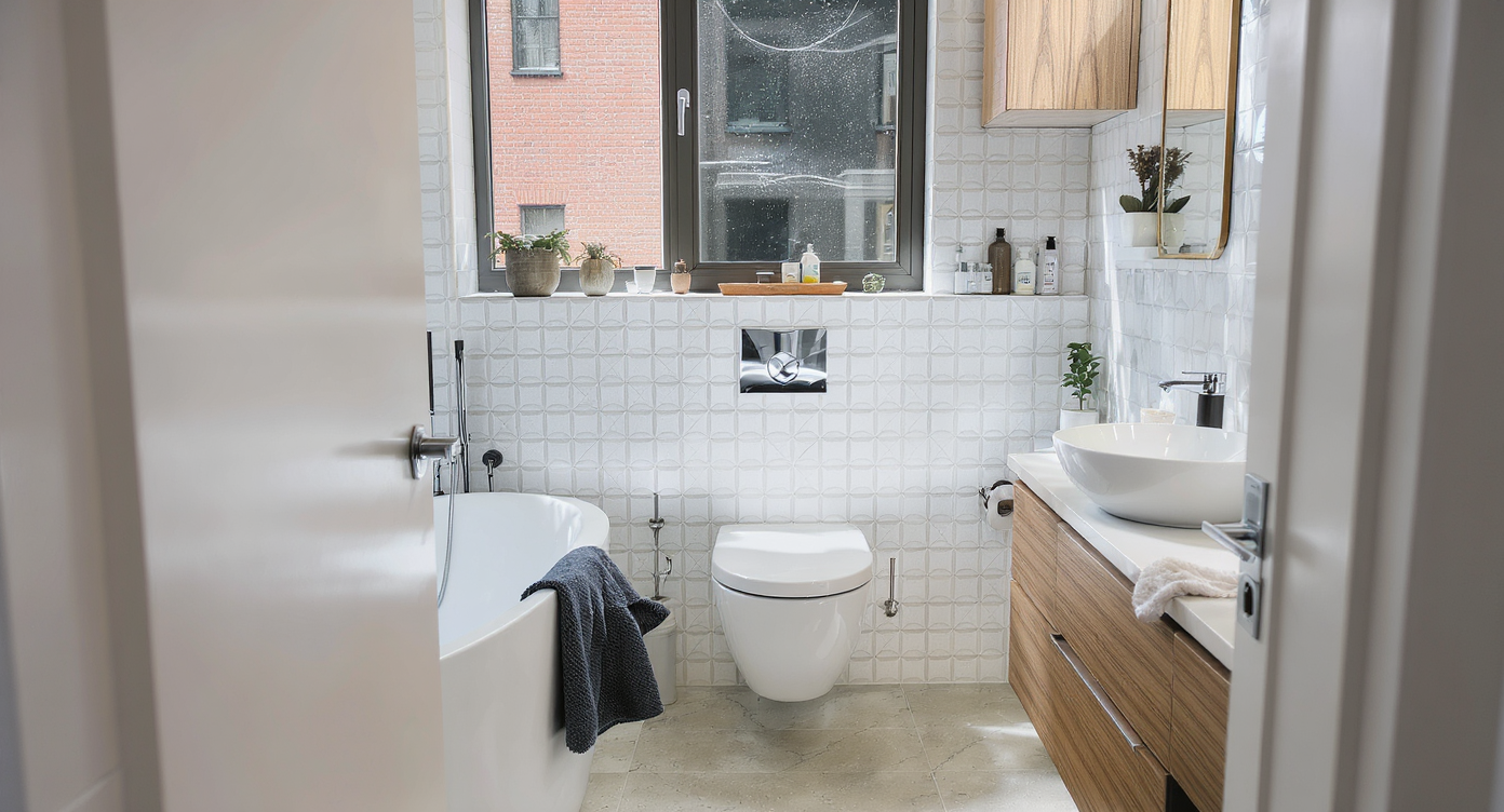 A contemporary bathroom with a freestanding tub, floating toilet, vessel sink, and bold tile accents, showing subtle signs of real-world use and cleaning needs.