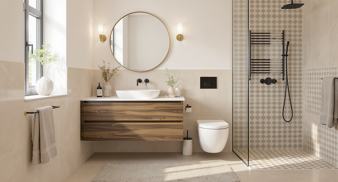 Modern bathroom blending minimalist and boho: floating wood vanity, black hardware, geometric accent tiles, warm lighting, and neutral palette.