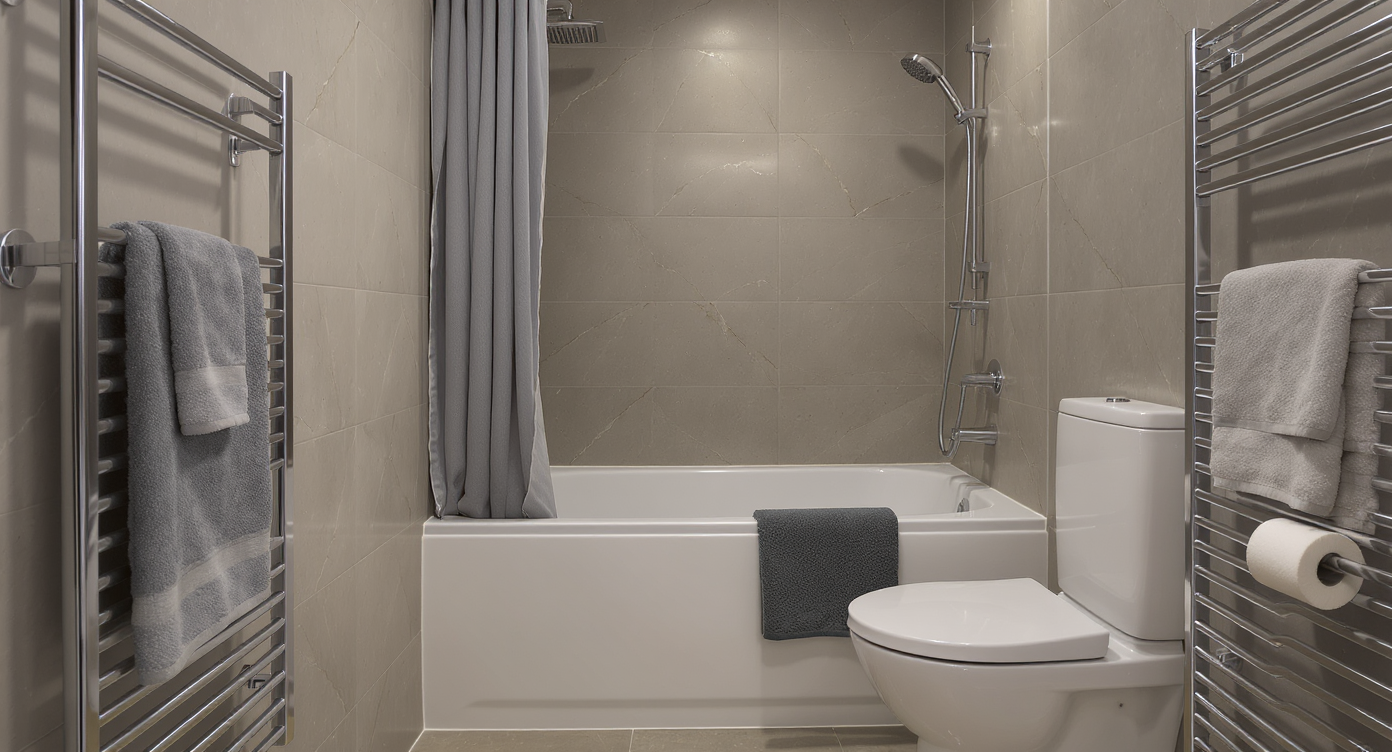 Modern bathroom with smart layout: wall-to-wall built-in tub, convenient fixture placement, deep-hued tiles, ceiling-high shower curtain.