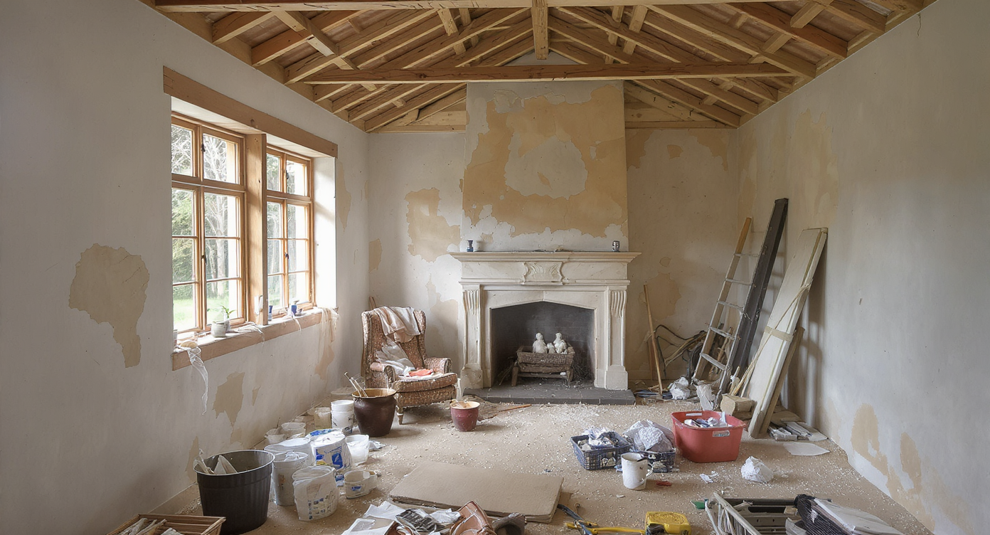 An old house interior showing a split scene: one side with damaged walls and floors, the other side newly renovated with tools and materials present.