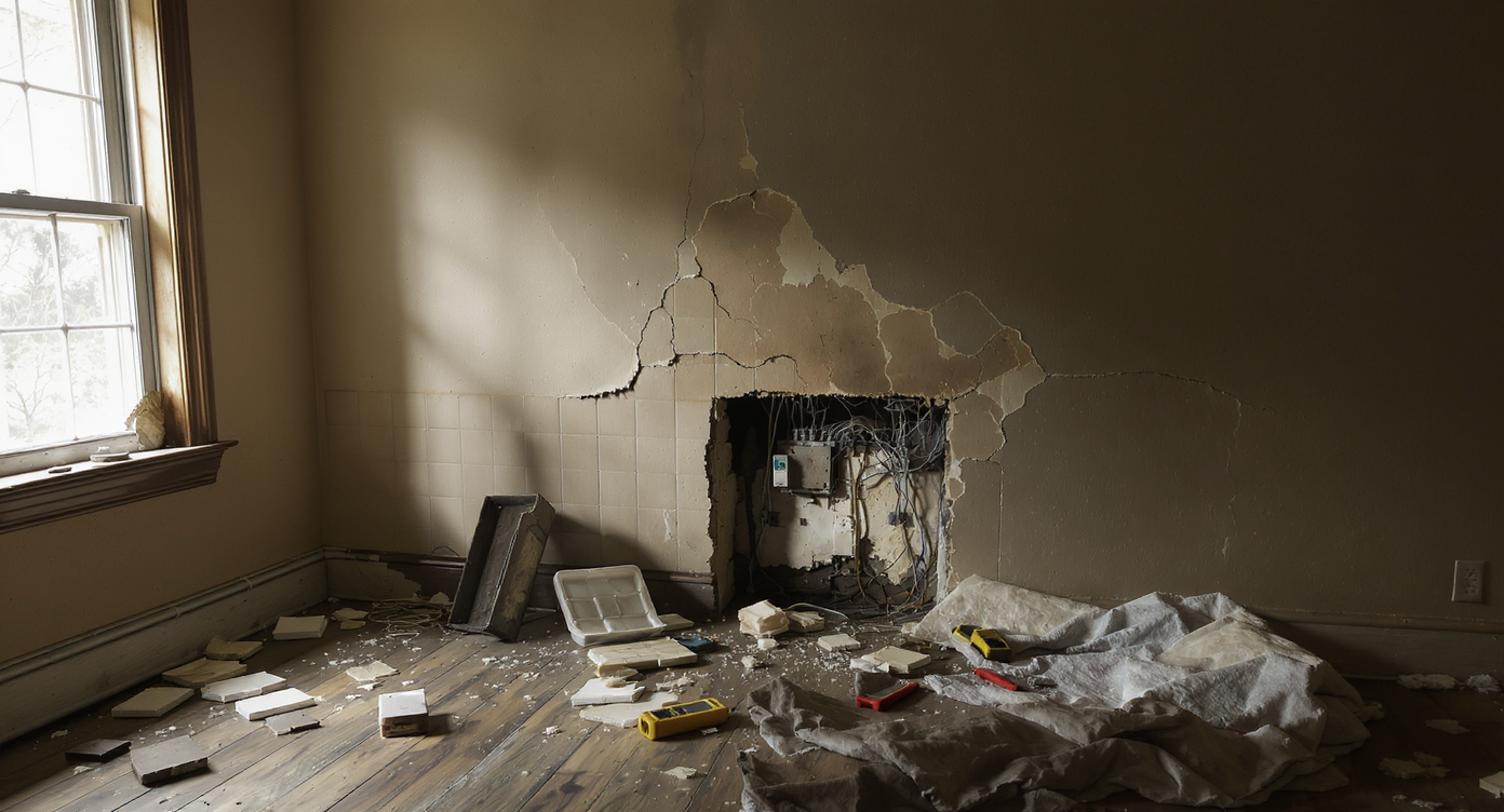 A realistic living room shows cracked floor tiles, peeling wall paint, a stained ceiling from a leak, and exposed old wiring—no people present.