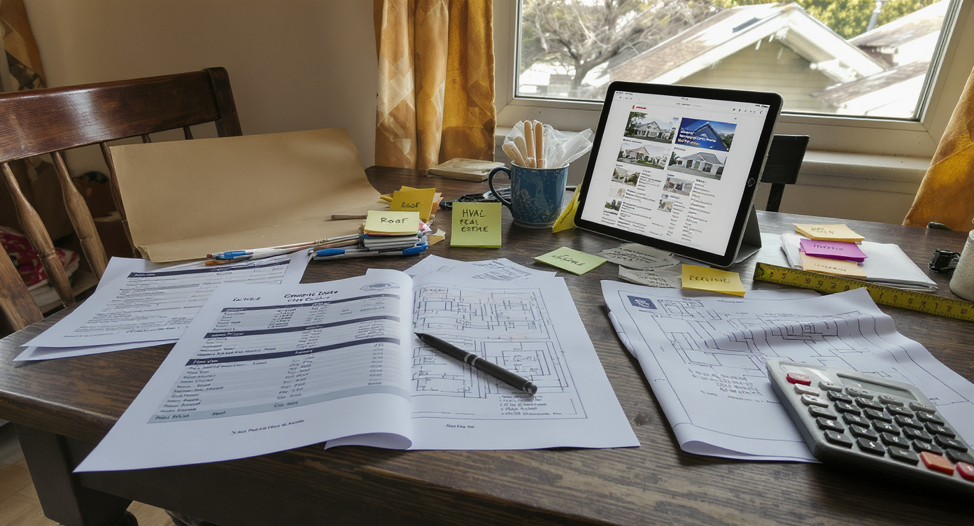 A dining table with contractor quotes, blueprints, tablet showing home listings, and repair folders, representing real-world home repair cost analysis.
