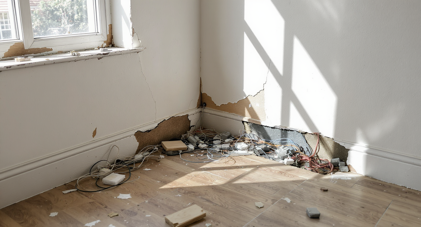 A photorealistic room corner showing peeling paint, warped floorboards, exposed faulty wiring, and rotten subfloor—evidence of hidden major home flaws.