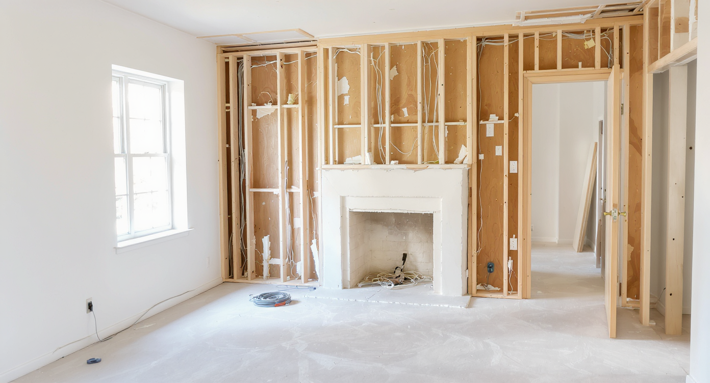 Bright living room shows open drywall revealing insulation, visible wiring, sturdy subfloor, and tools—emphasizing foundational renovation steps.