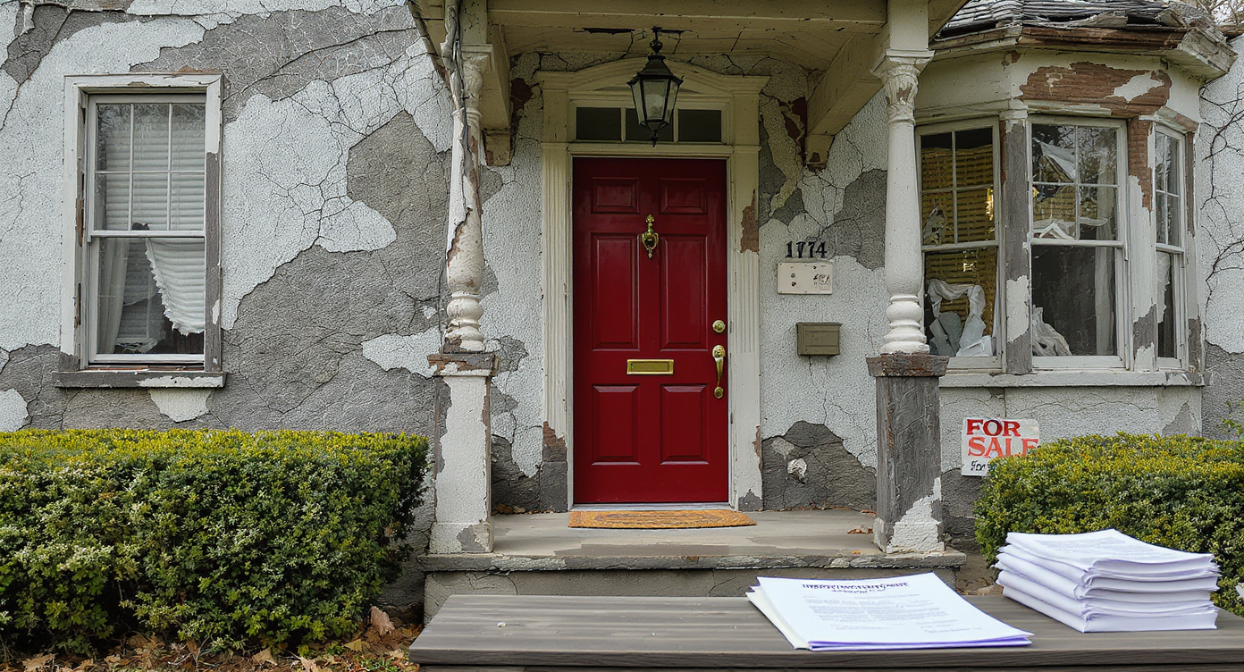 Older house exterior with fresh front door paint, trimmed yard, obvious cracks, and repairs. Inspection documents rest on the porch, suggesting as-is sale.