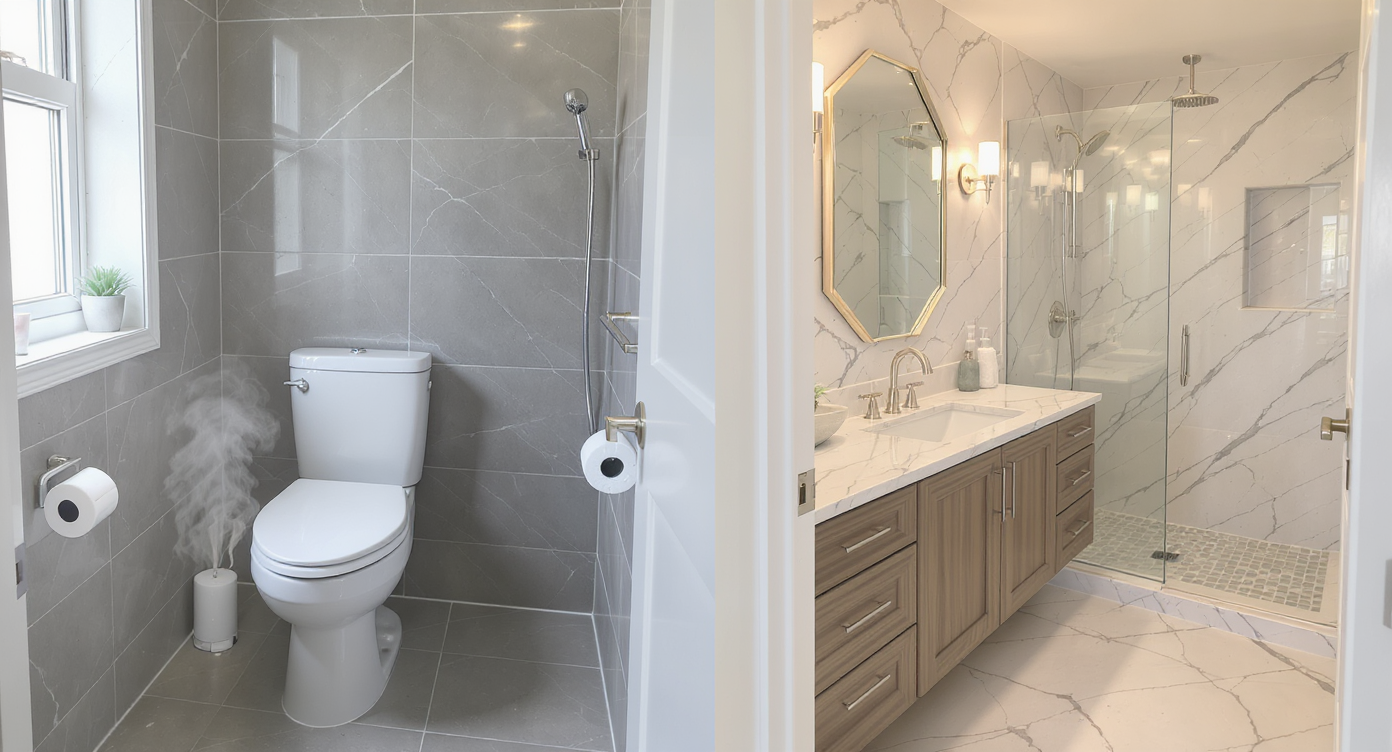 Two side-by-side bathrooms—one compact, one luxury—showing realistic interiors with fixtures, surfaces, and subtle signs of odor investigation.