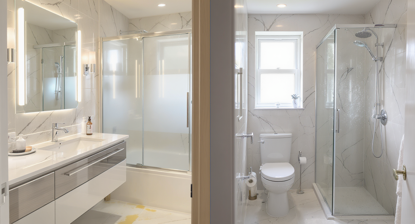 Side-by-side photorealistic bathrooms—one luxury, one compact—both appearing clean but with subtle signs of unexpected odor issues.