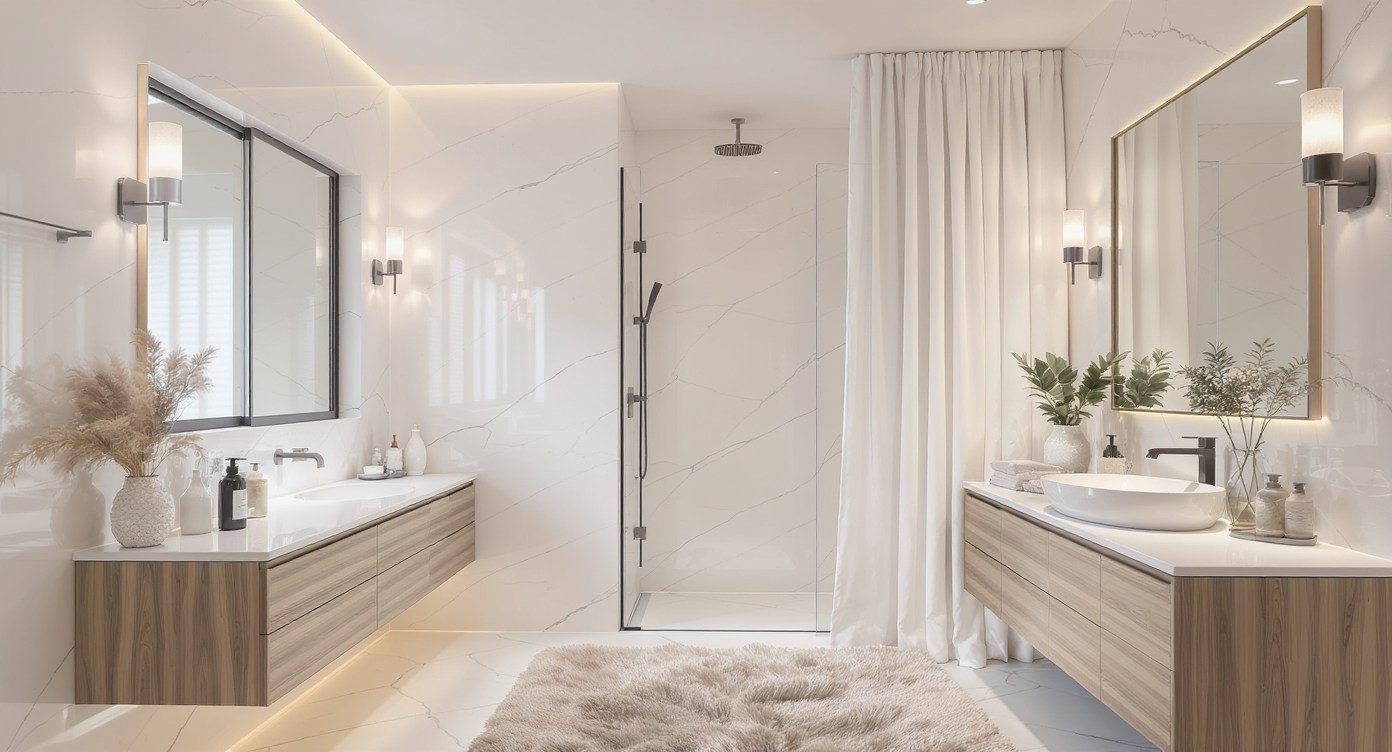 Warmly lit modern bathroom with layered lighting, clean finishes, an oversized bath rug, open shower curtain, and visible exhaust fan.
