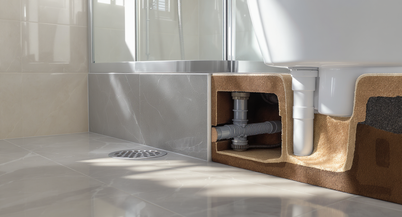 Editorial, photorealistic close-up of a clean bathroom floor showing exposed drain traps with water, toilet wax seal, and realistic plumbing details.