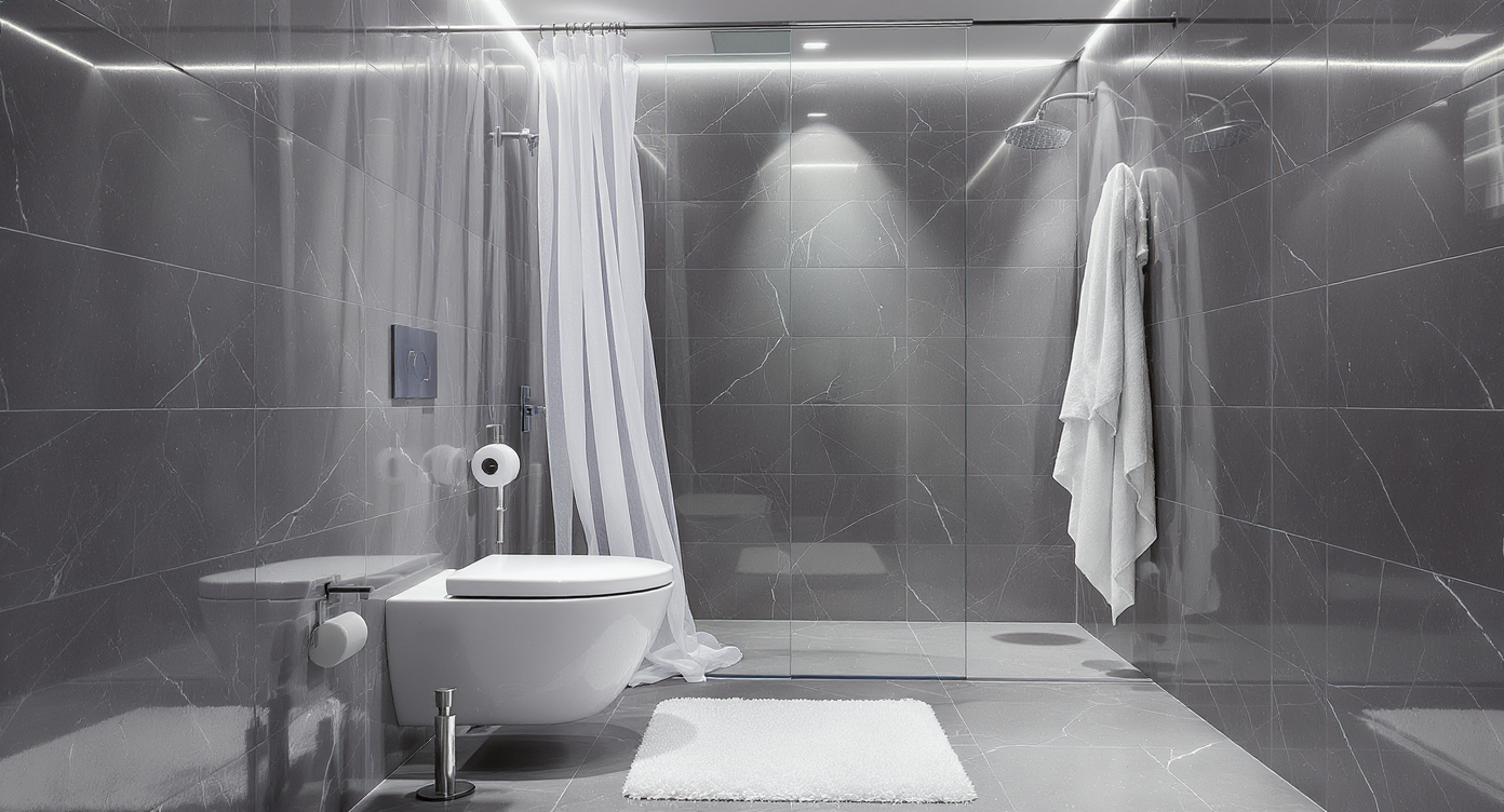 A realistic compact bathroom shows a new exhaust fan, a raised shower curtain, and a small rug; airflow is visible as the curtain moves.
