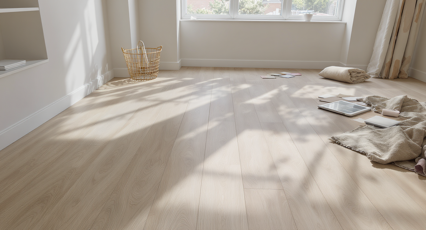 Large living room with flooring samples in varied neutral shades spread on the floor, surrounded by paint swatches and a tablet, no people present.