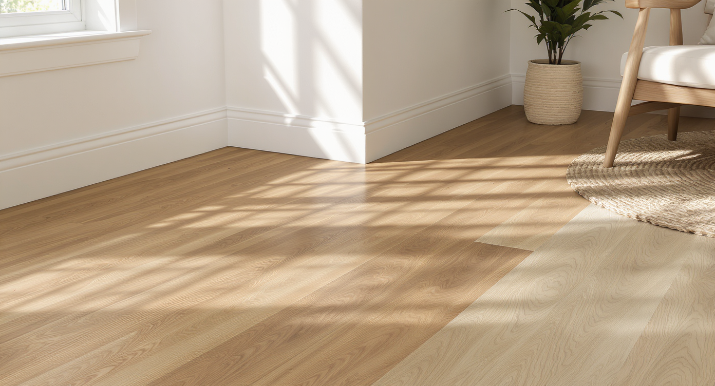 Sunlit living room corner shows side-by-side sections of solid oak, maple engineered hardwood, and wood-look vinyl plank floors for durability comparison.