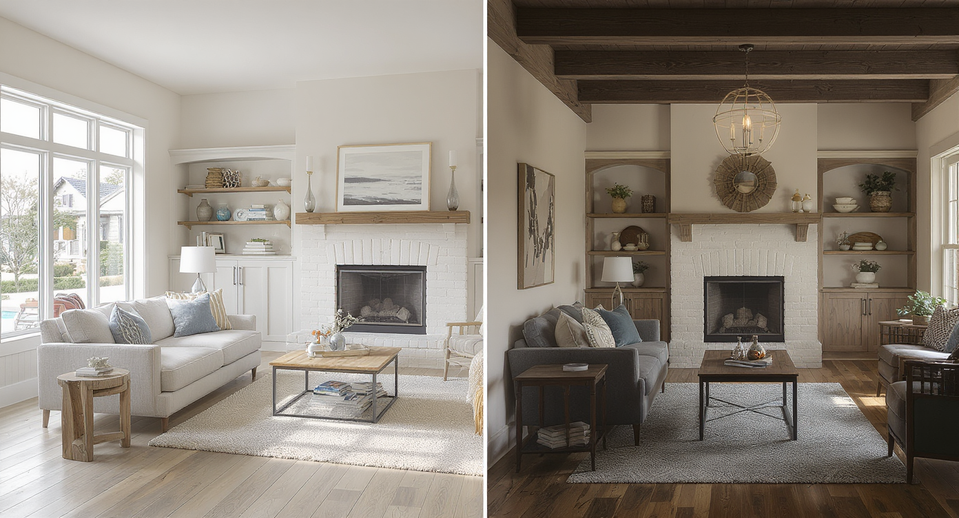 Split-scene interior shows coastal room with light wood floors beside craftsman room with medium-dark wood flooring, both styled regionally.